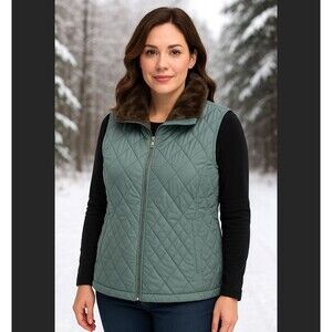 Eddie Bauer Premium Goose Down Quilted Vest XL Removable Faux Fur Collar Pockets